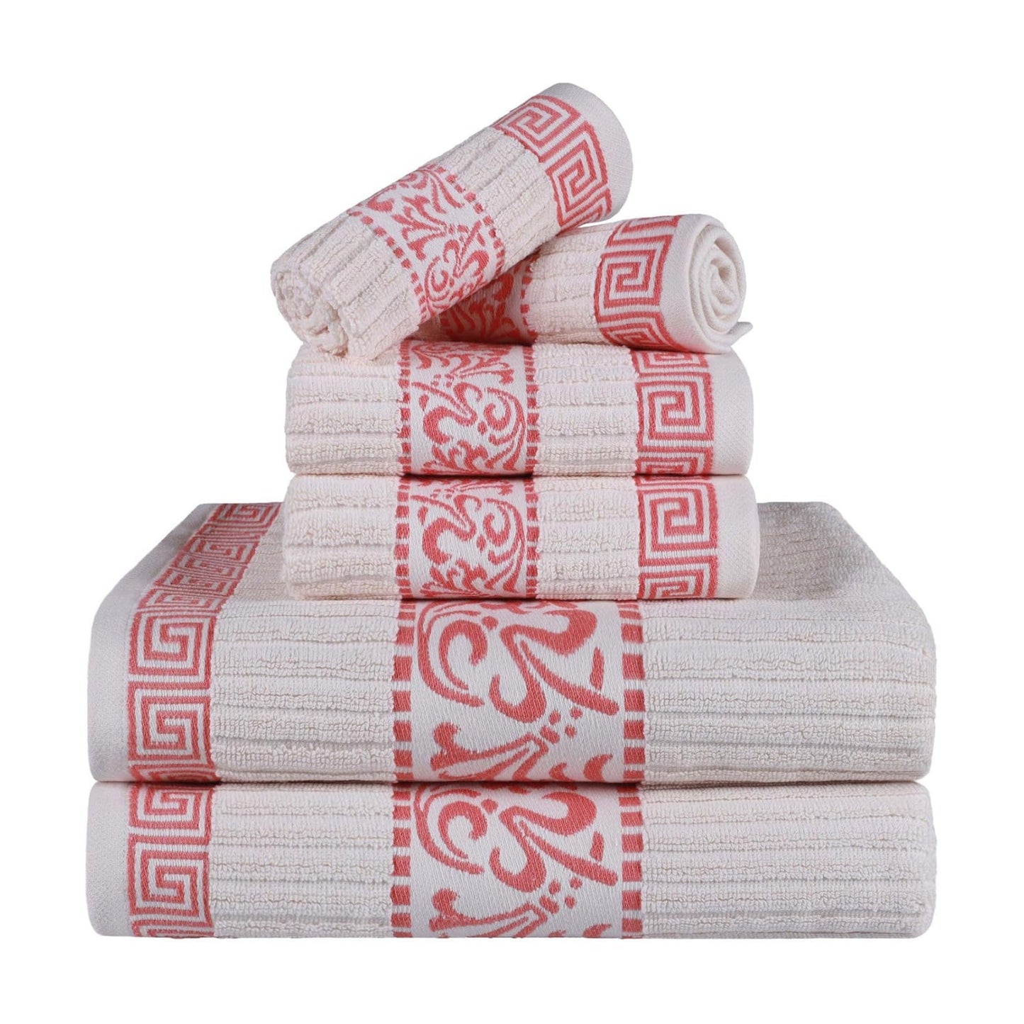 Superior 6-Piece Cotton Towel Set, Decorative Greek Pattern, Home Essentials, Absorbent Towels, Bathroom Decor, Spa