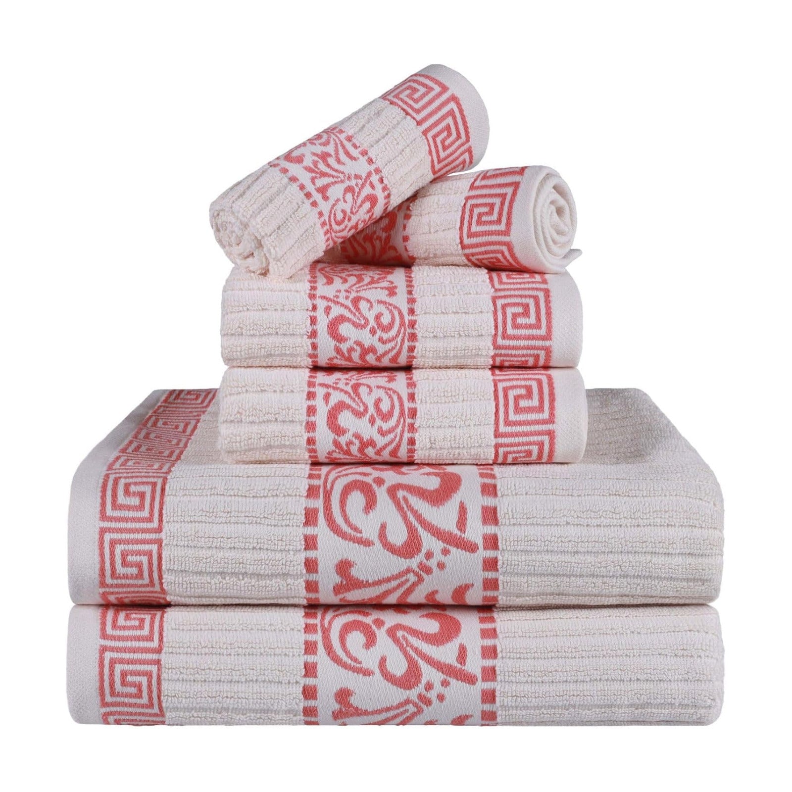 Superior 6-Piece Cotton Towel Set, Decorative Greek Pattern, Home Essentials, Absorbent Towels, Bathroom Decor, Spa