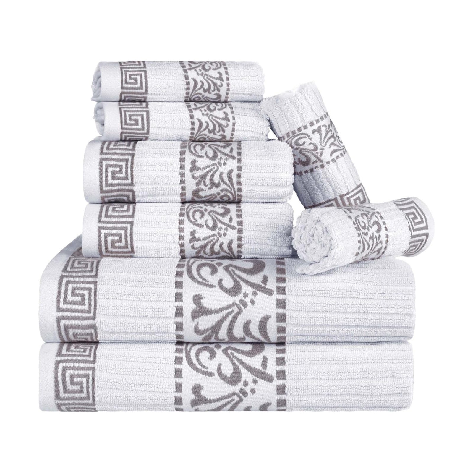 Superior 8-Piece Cotton Towel Set, Decorative Greek Pattern, Home Essentials, Absorbent Towels, Decor for Bathroom