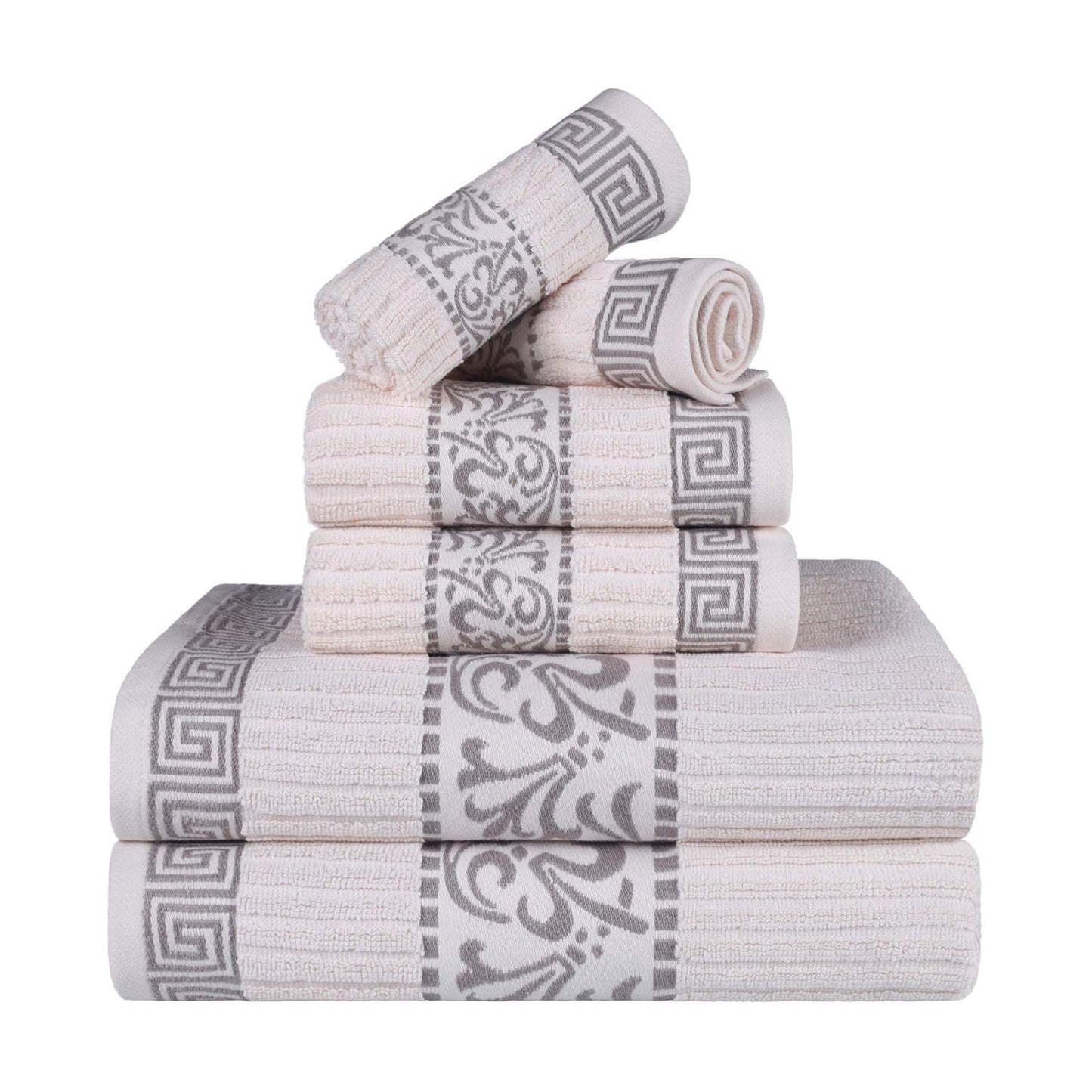 Superior 6-Piece Cotton Towel Set, Decorative Greek Pattern, Home Essentials, Absorbent Towels, Bathroom Decor, Spa