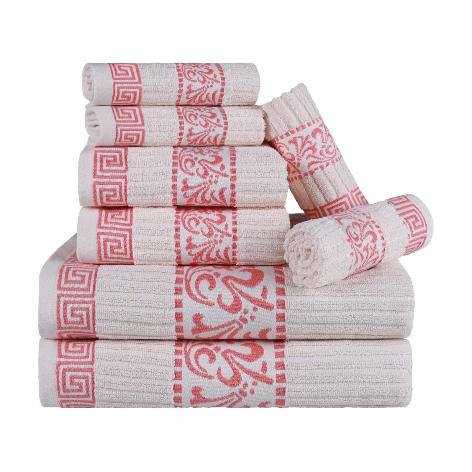 Superior 8-Piece Cotton Towel Set, Decorative Greek Pattern, Home Essentials, Absorbent Towels, Decor for Bathroom