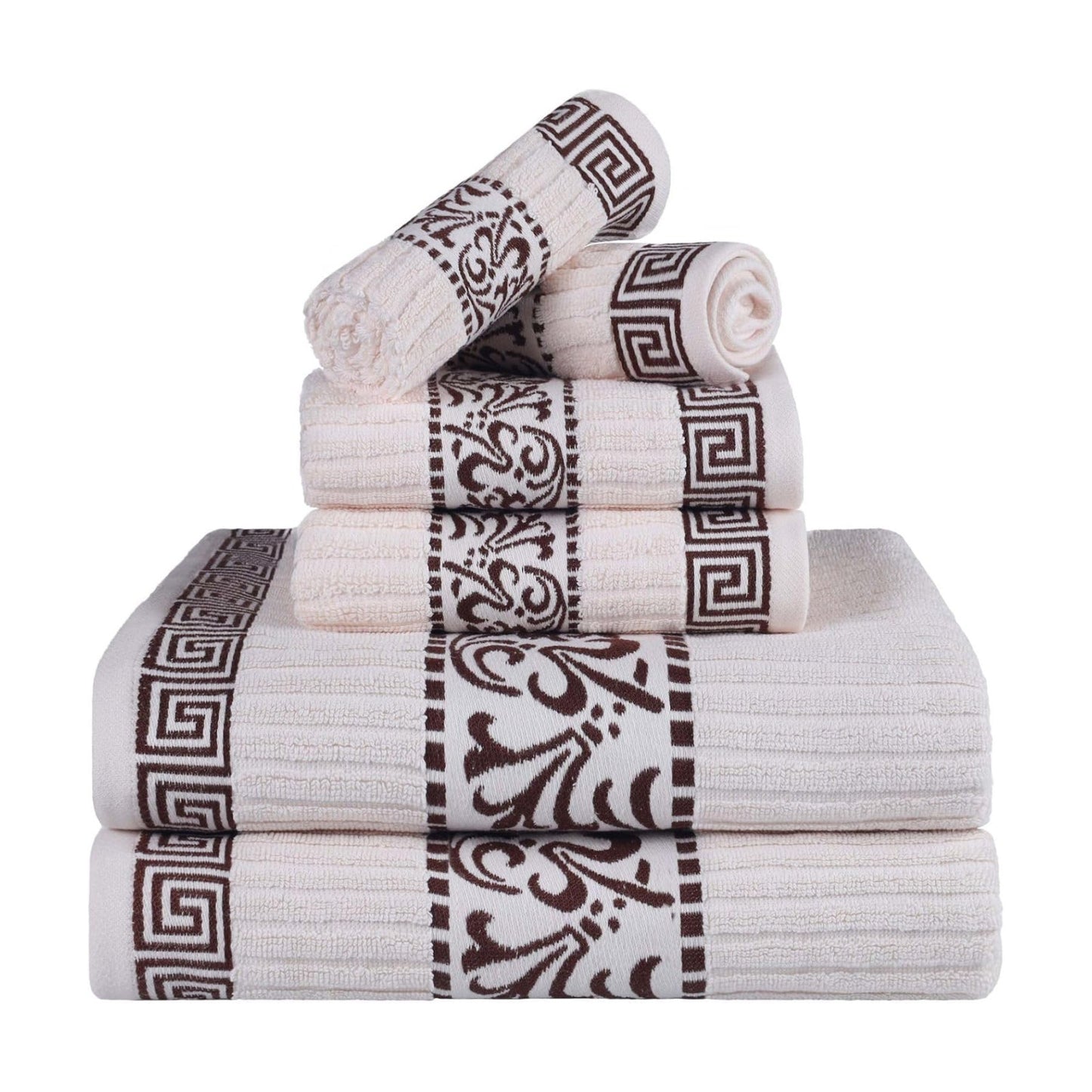 Superior 6-Piece Cotton Towel Set, Decorative Greek Pattern, Home Essentials, Absorbent Towels, Bath Decor, Spa