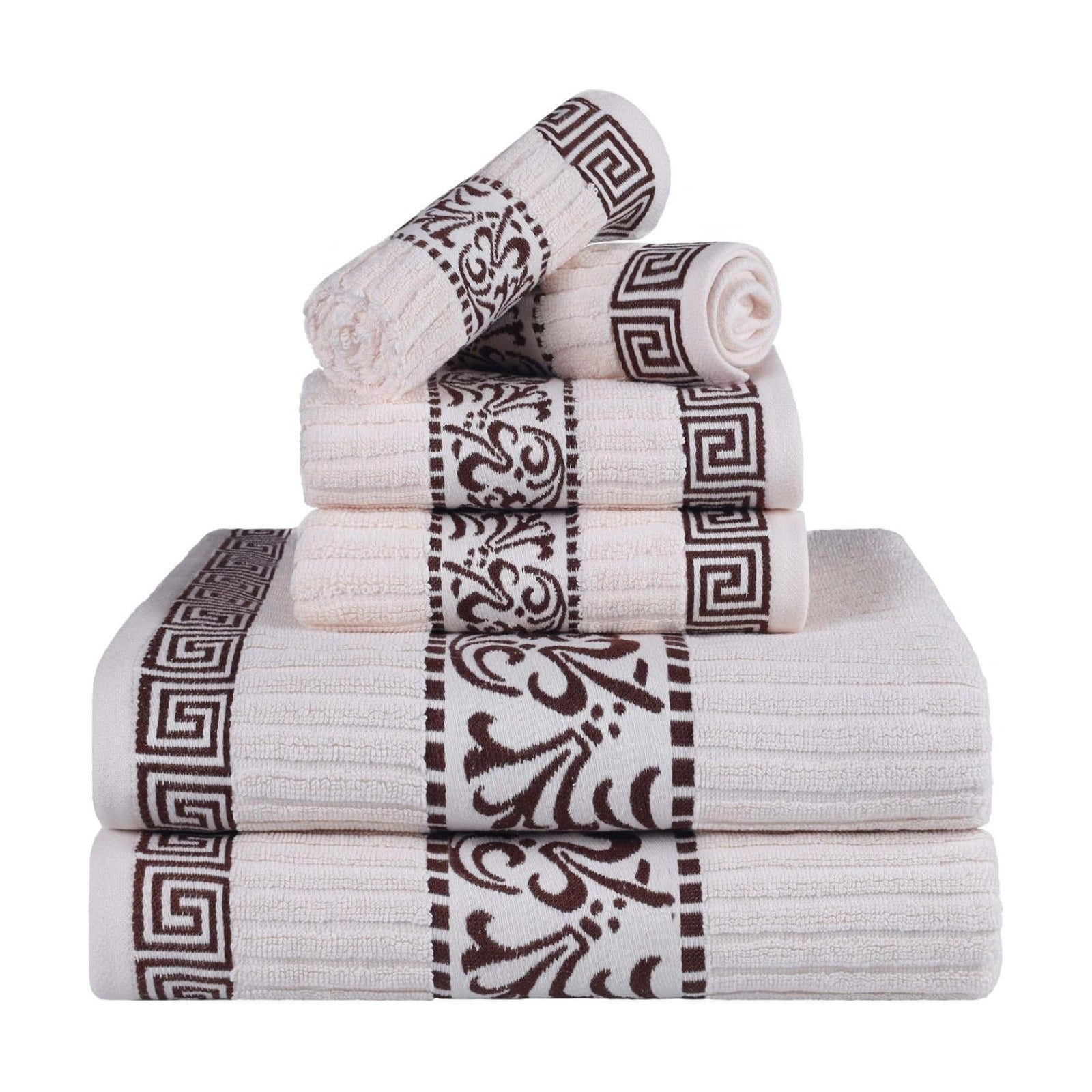 Superior 6-Piece Cotton Towel Set, Decorative Greek Pattern, Home Essentials, Absorbent Towels, Bath Decor, Spa