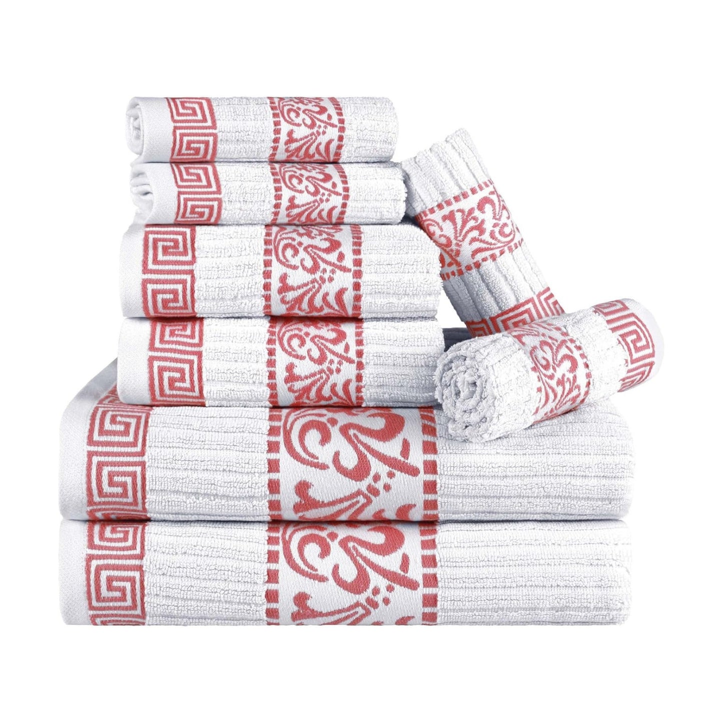 Superior 8-Piece Cotton Towel Set, Decorative Greek Pattern, Home Essentials, Absorbent Towels, Decor for Bathroom