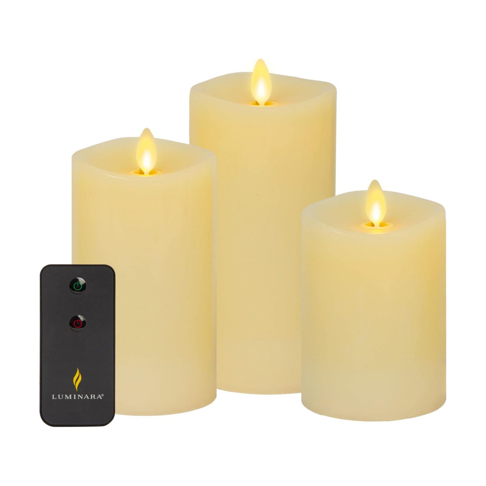 Luminara Realistic Flameless LED Set of 3 Ivory Pillar Candles, Home Safe Moving Flame Melted Top Illumination, Battery