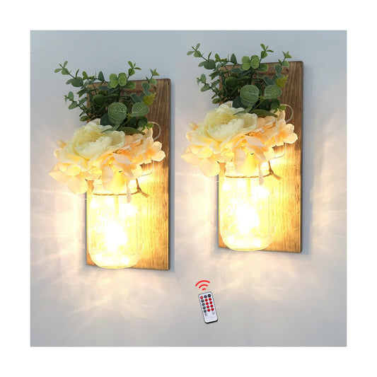 Rustic Mason Jar Wall Sconces / 11.8"H Jacobean + Rose / Set of 2