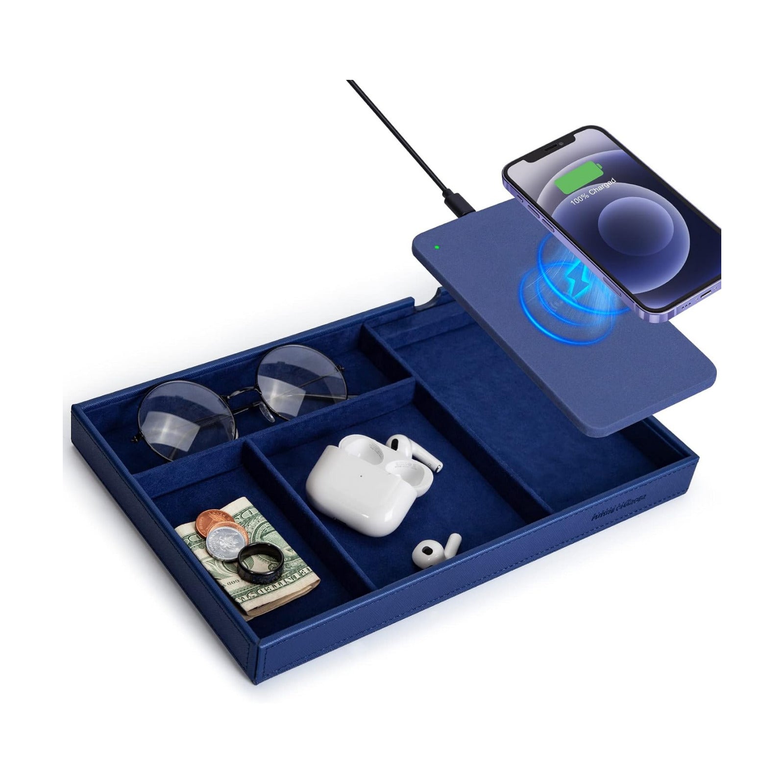Valet Tray, Built in Wireless Charging Pad, Nightstand Organizer | Dresser Organizer, Mens Jewelry Box, Valet Charging