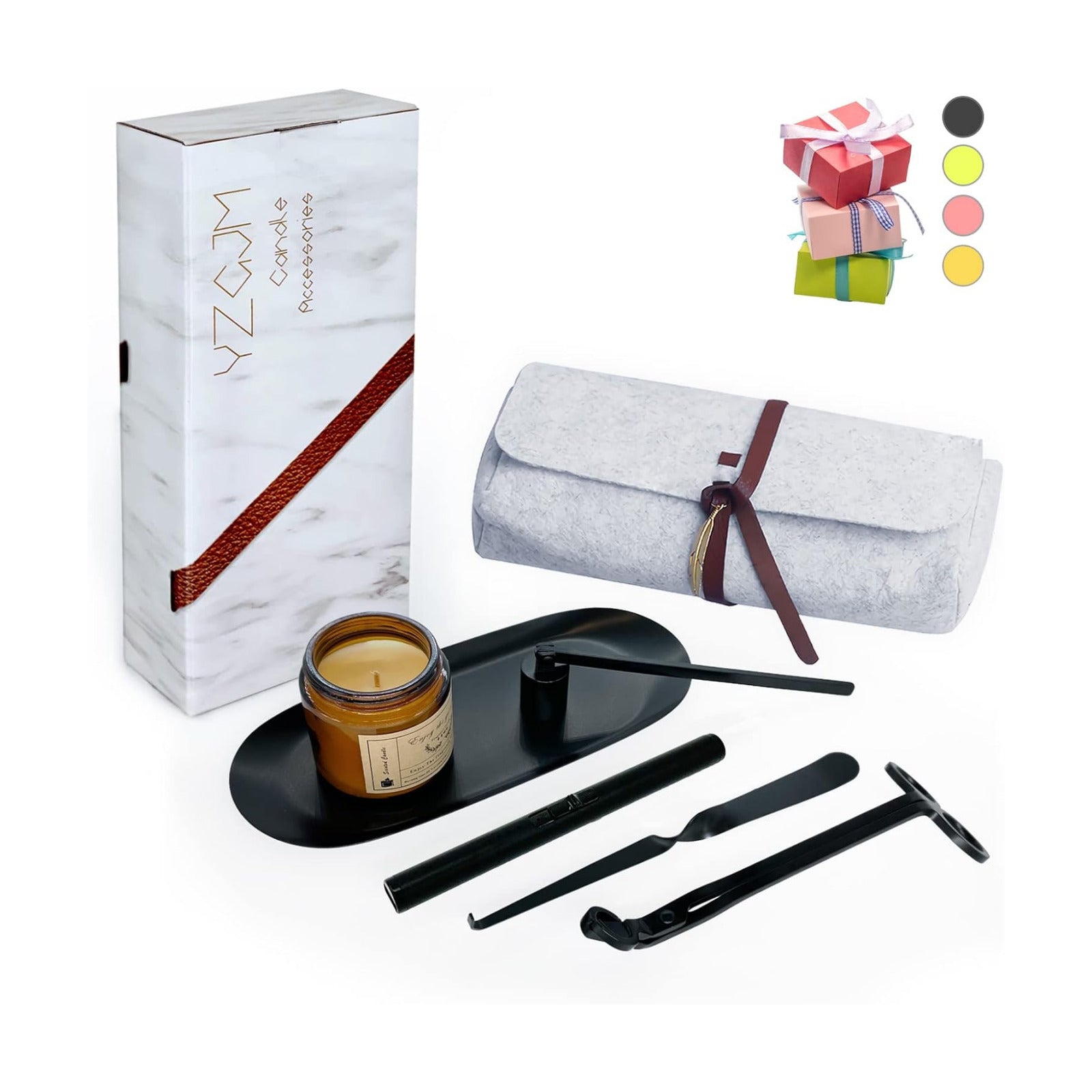 Exquisite Candle Accessories Tool Pack Bag, Rechargeable Electric Lighter， Wick Trimmer, Dipper, Snuffer and Tray
