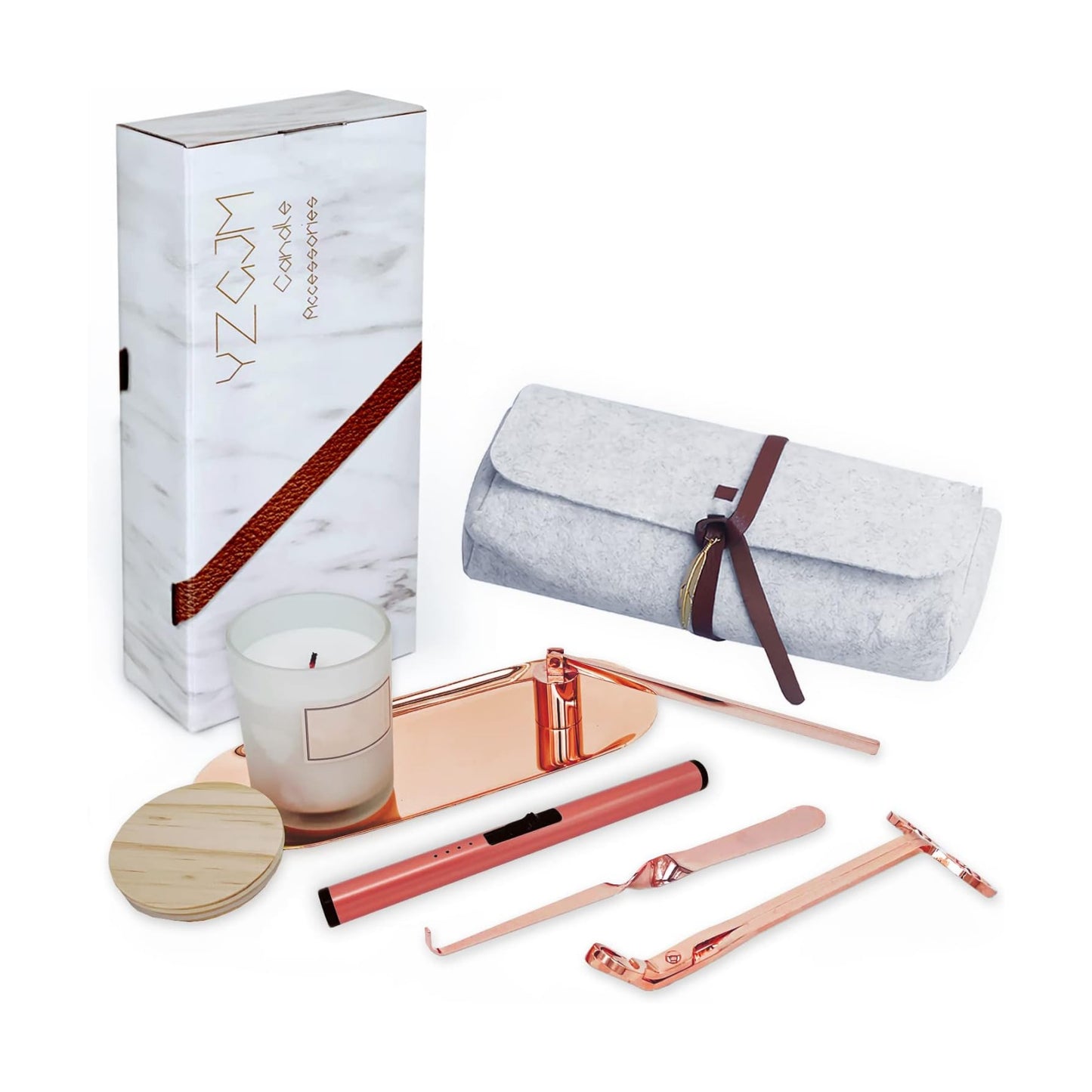 Exquisite Candle Accessories Tool Pack Bag, Rechargeable Electric Lighter， Wick Trimmer, Dipper, Snuffer and Tray