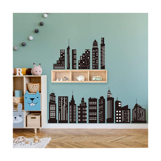 City Skyline Wall Stickers City Building Silhouettes Peel and Stick Wall Art Decals / Black