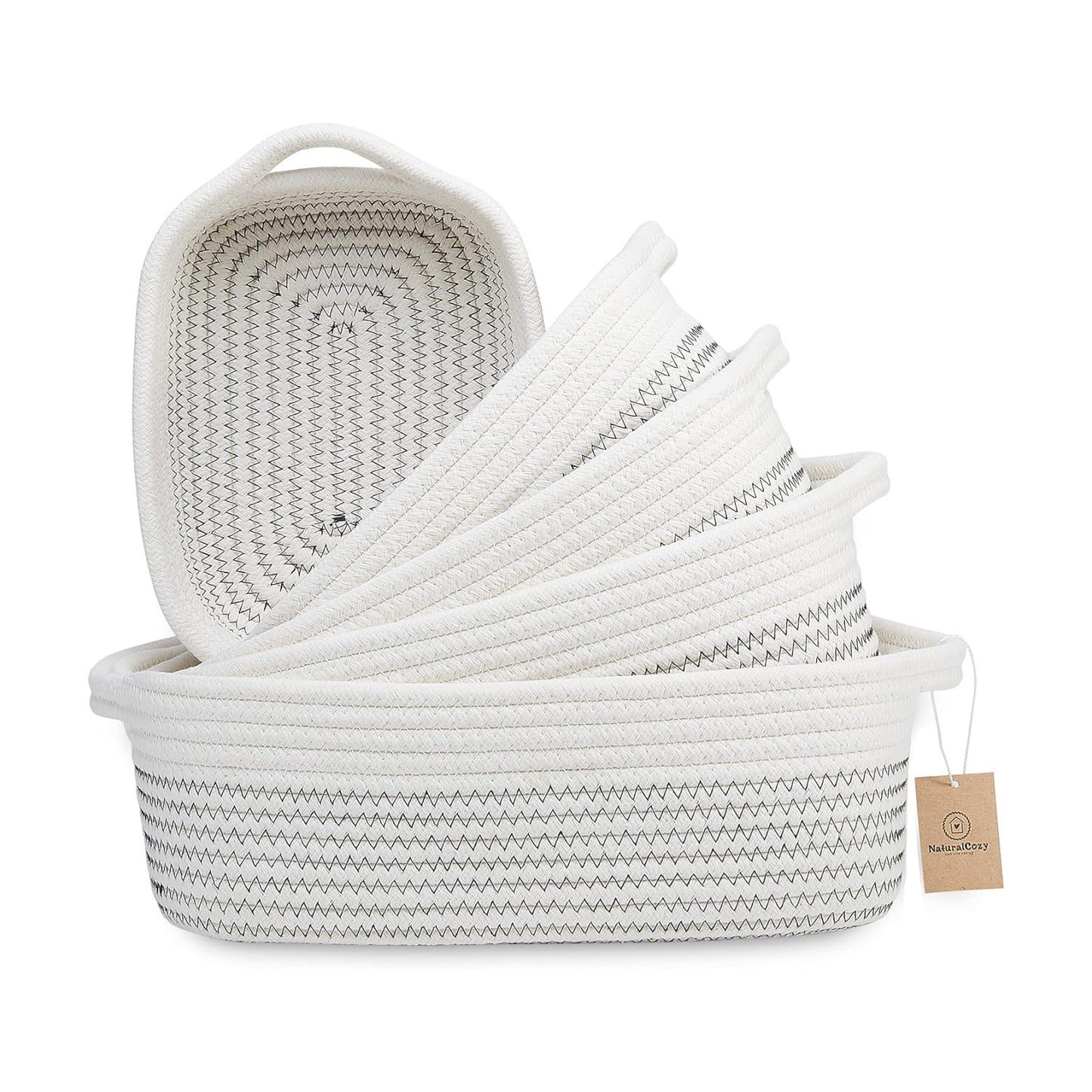5-Piece Rectangle Storage Basket Set- Natural Cotton Rope Woven Baskets / Black Stitching