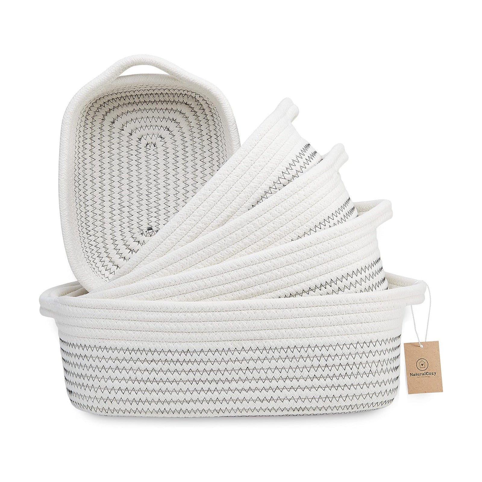 5-Piece Rectangle Storage Basket Set- Natural Cotton Rope Woven Baskets / Black Stitching