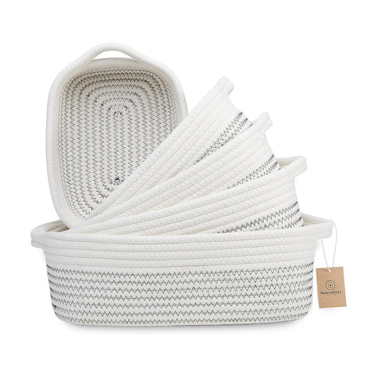 5-Piece Rectangle Storage Basket Set- Natural Cotton Rope Woven Baskets / Black Stitching