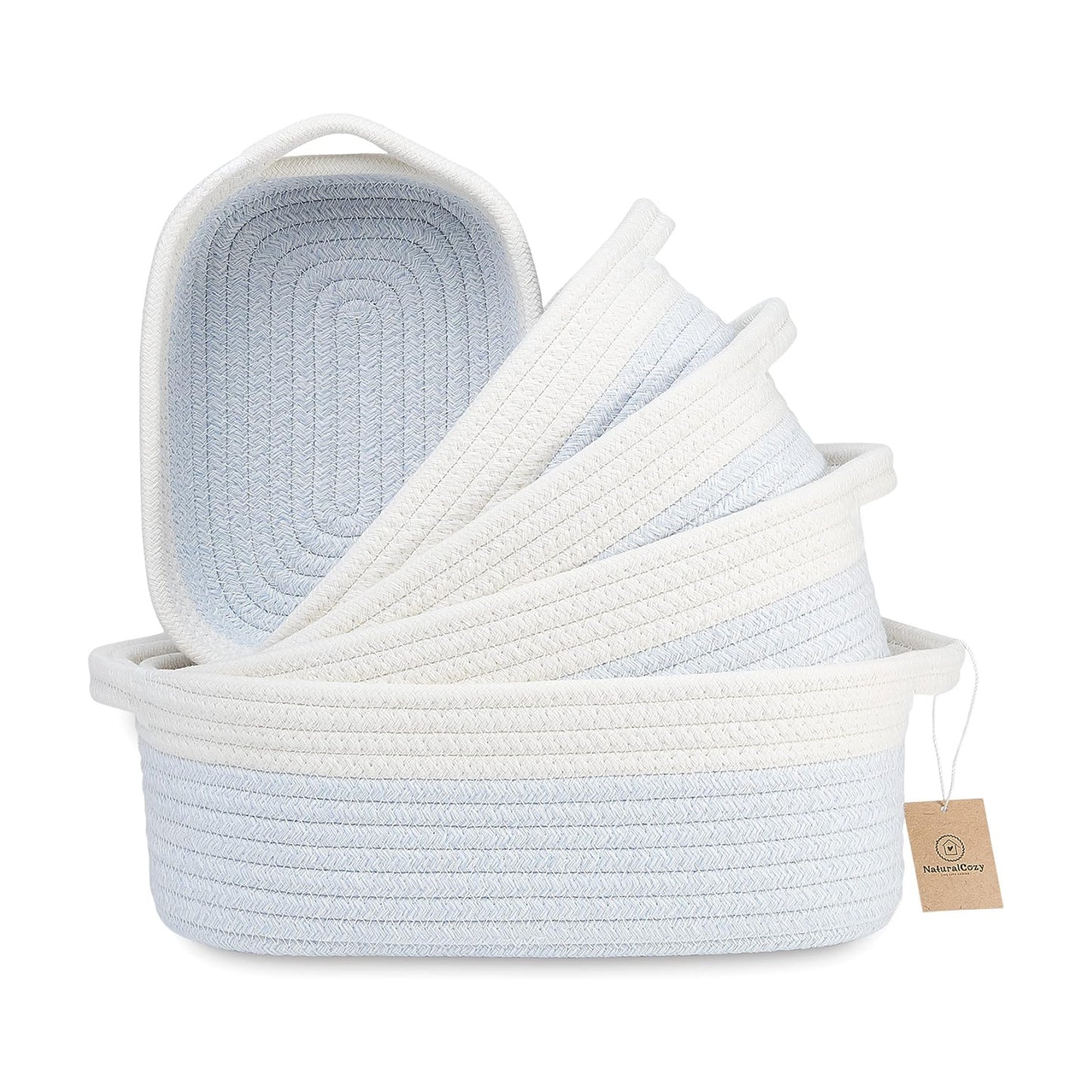 5-Piece Rectangle Storage Basket Set- Natural Cotton Rope Woven Baskets / Off White & Mixed Blue
