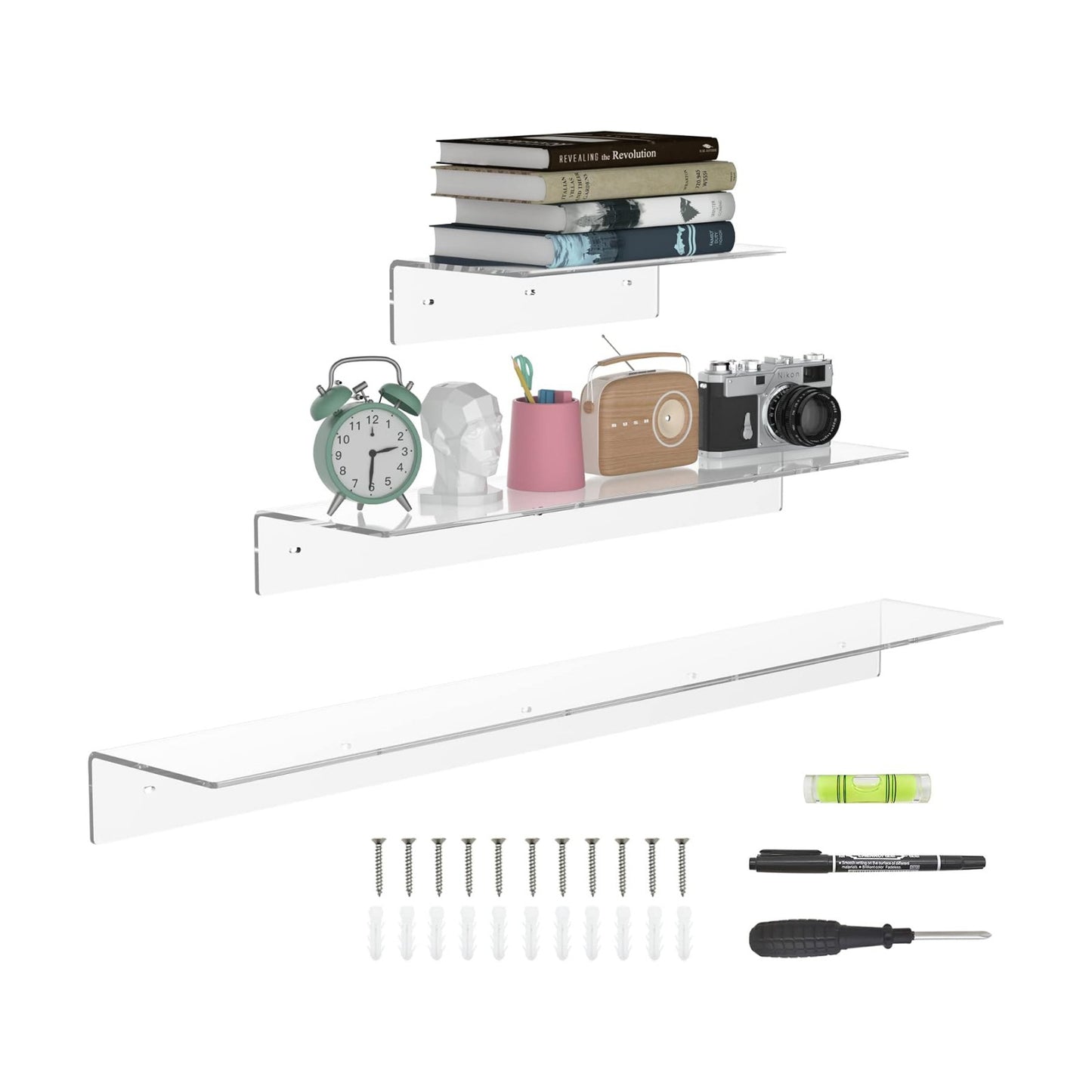 Sezanrpt Acrylic Wall Shelves 36 24 12 Inches, Clear Floating Shelf for Wall, Wall Mounted Display Shelves for Plants