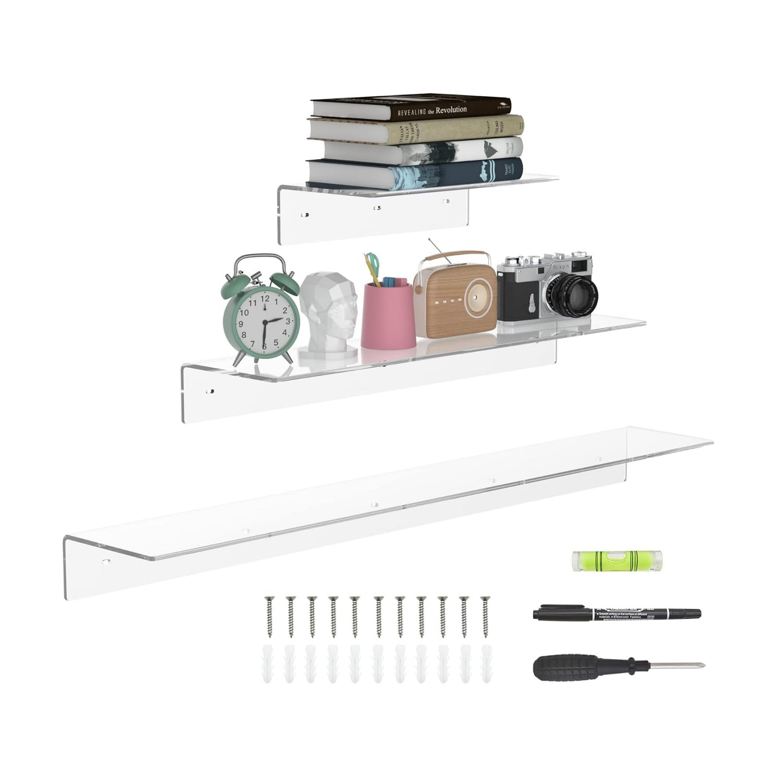 Sezanrpt Acrylic Wall Shelves 36 24 12 Inches, Clear Floating Shelf for Wall, Wall Mounted Display Shelves for Plants