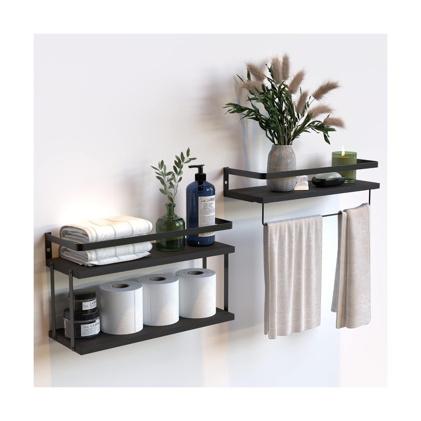 RICHER HOUSE Floating Shelves Bathroom, Wall Mounted Shelf Over Toilet | 2+1 Tier, with Metal Rail, Towel Rack, Paper