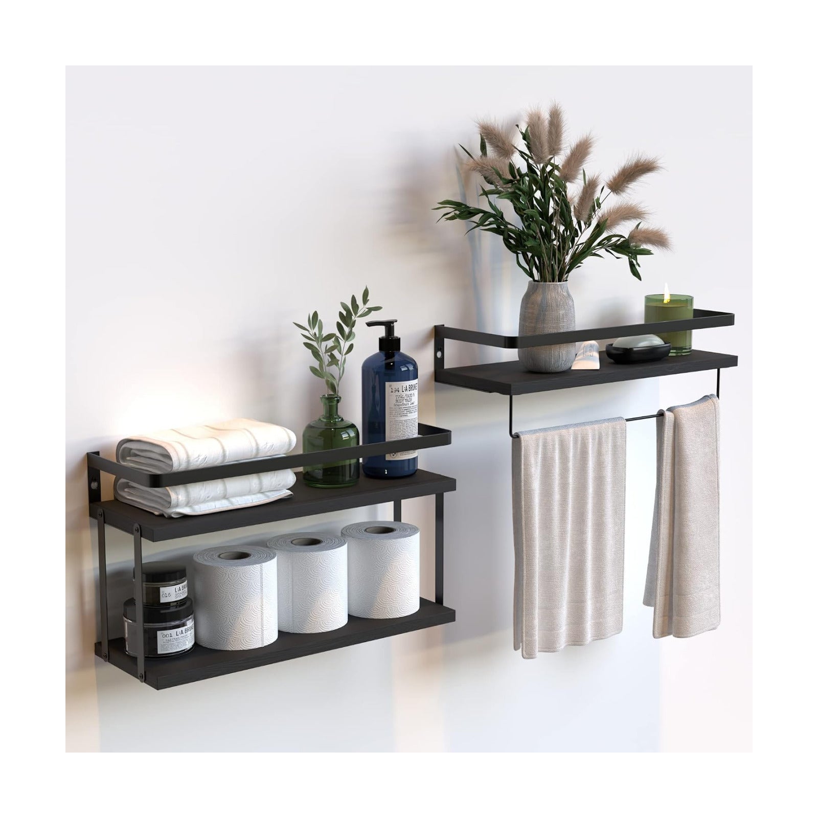 RICHER HOUSE Floating Shelves Bathroom, Wall Mounted Shelf Over Toilet | 2+1 Tier, with Metal Rail, Towel Rack, Paper