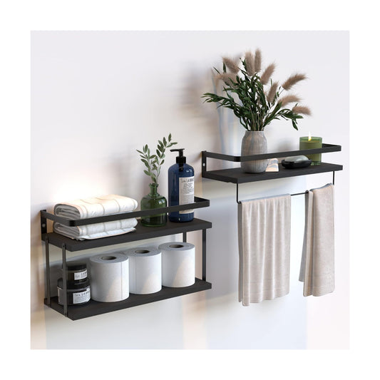 RICHER HOUSE Floating Shelves Bathroom, Wall Mounted Shelf Over Toilet | 2+1 Tier, with Metal Rail, Towel Rack, Paper
