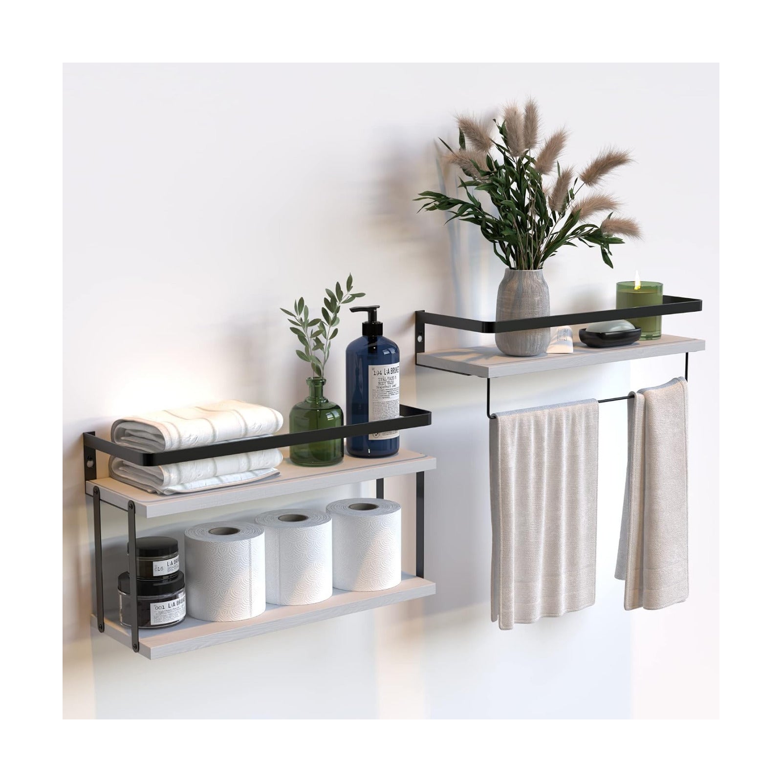 RICHER HOUSE Floating Shelves Bathroom, Wall Mounted Shelf Over Toilet | 2+1 Tier, with Metal Rail, Towel Rack, Paper