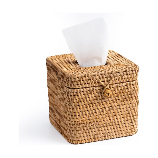 Rattan Square Tissue Box Cover- "-Decorative Woven Facial Tissue Holder / Yellow / 5.7 x 5.7 x 5