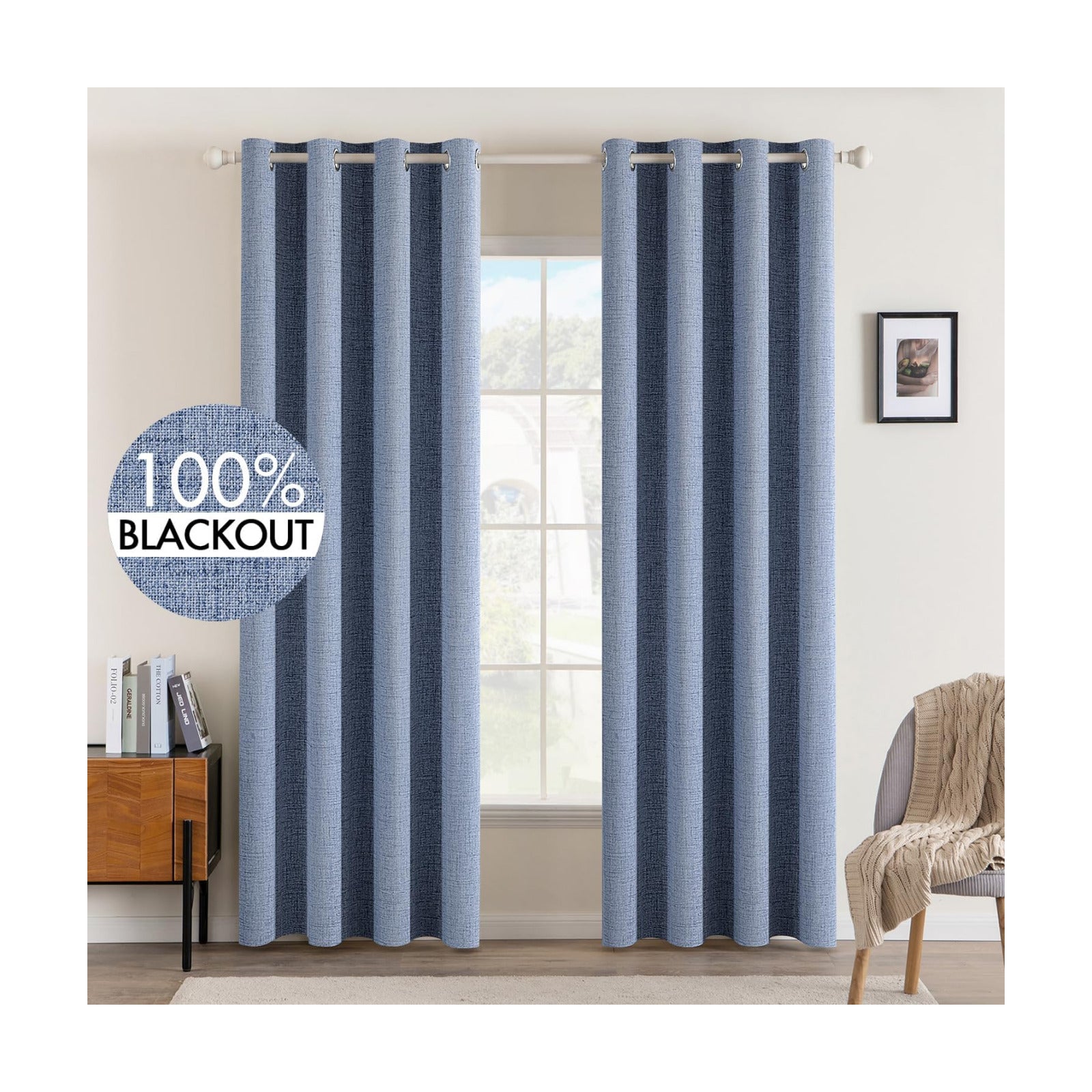MIULEE 100% Blackout Linen Curtains for Bedroom 52x90 Inches Stone Blue