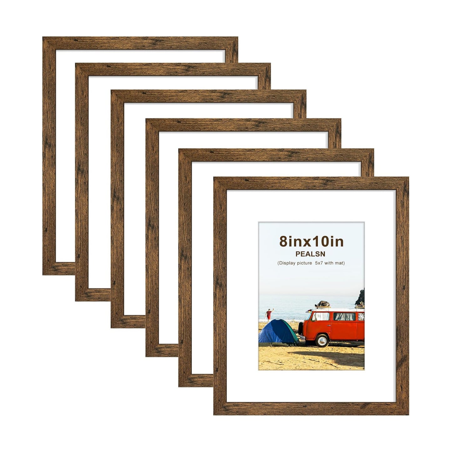 8x10 Picture Frame Set of 6, Wall or Tabletop Display, Rustic Brown | Display Pictures 5x7 with Mat or 8x10 Without