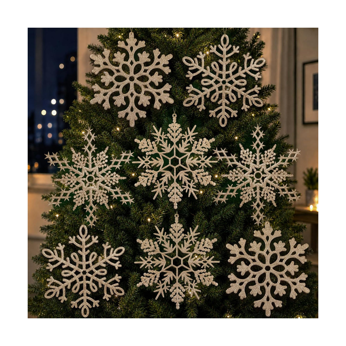 8pcs Large Champagne Gold Snowflakes Ornaments 12” Big Plastic Glitter Snowflake for Winter Indoor Outdoor Christmas Tree Window Room Decorations Giant Craft Snowflakes