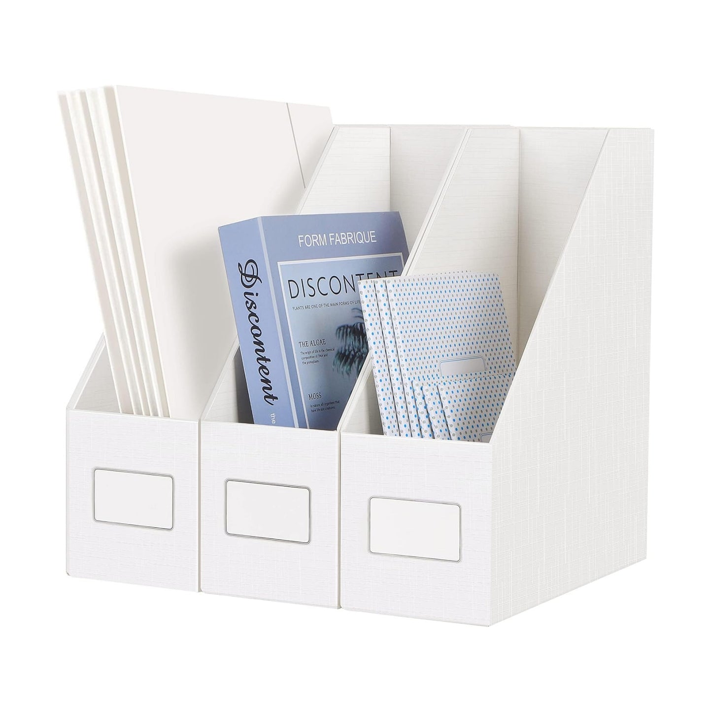 White Magazine File Holders，3 Packs Cardboard File Rack, Folder Holder | Sturdy Cardboard Desktop Storage File Box