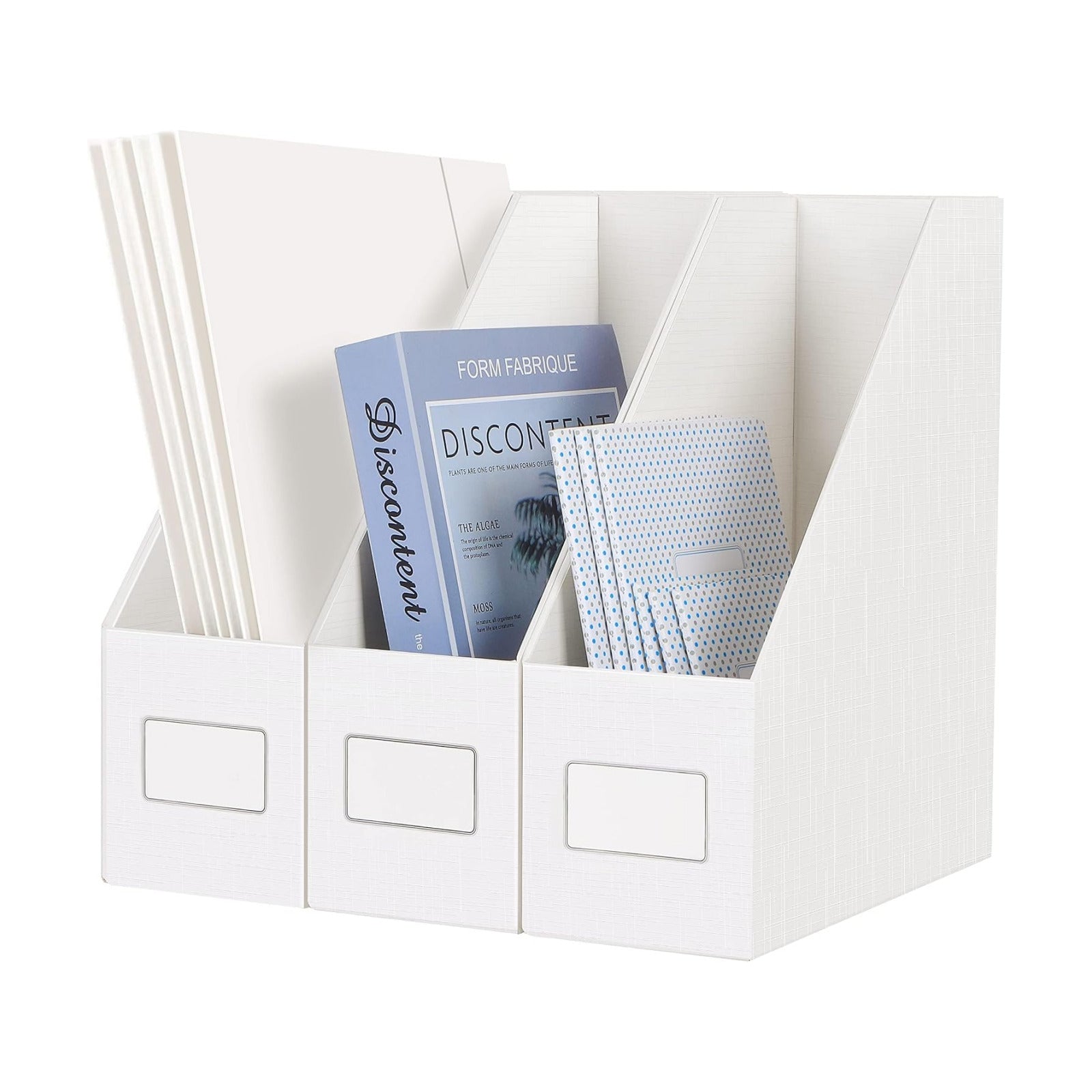 White Magazine File Holders，3 Packs Cardboard File Rack, Folder Holder | Sturdy Cardboard Desktop Storage File Box