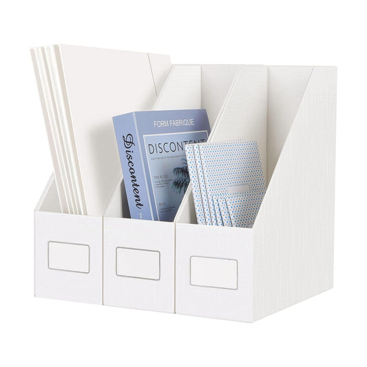 White Magazine File Holders，3 Packs Cardboard File Rack, Folder Holder | Sturdy Cardboard Desktop Storage File Box