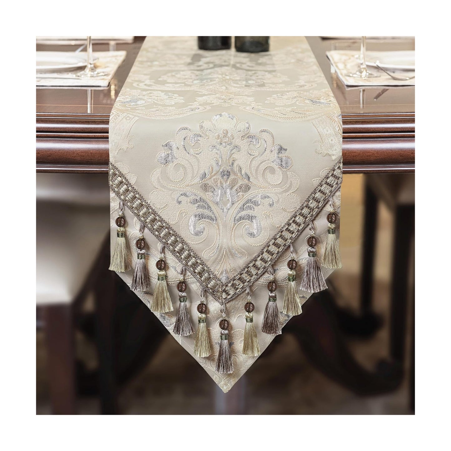 Loom and Mill Luxury Jacquard Table Runner 120 Inches Long, Light Apricot | Damask Floral Dining Table Runner with