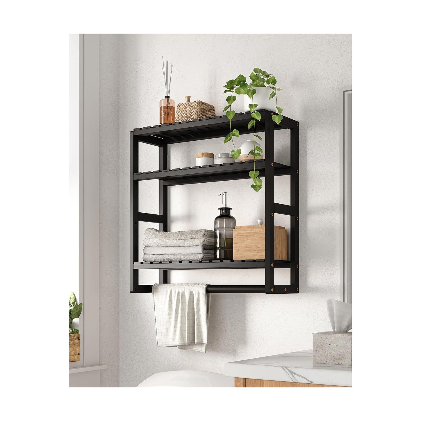 Galood Over The Toilet Storage Bathroom Shelves Wall Mounted 3 Tier Black | Space Saver Corner Shelf Organizer Bamboo