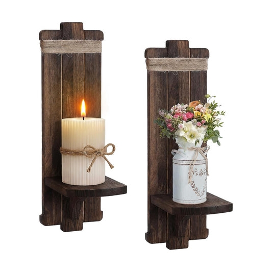 Handmade Wooden Candle Sconces Farmhouse Wall Decor / Brown / 5.3"L x 4.7"W x 16"H / Set of 2