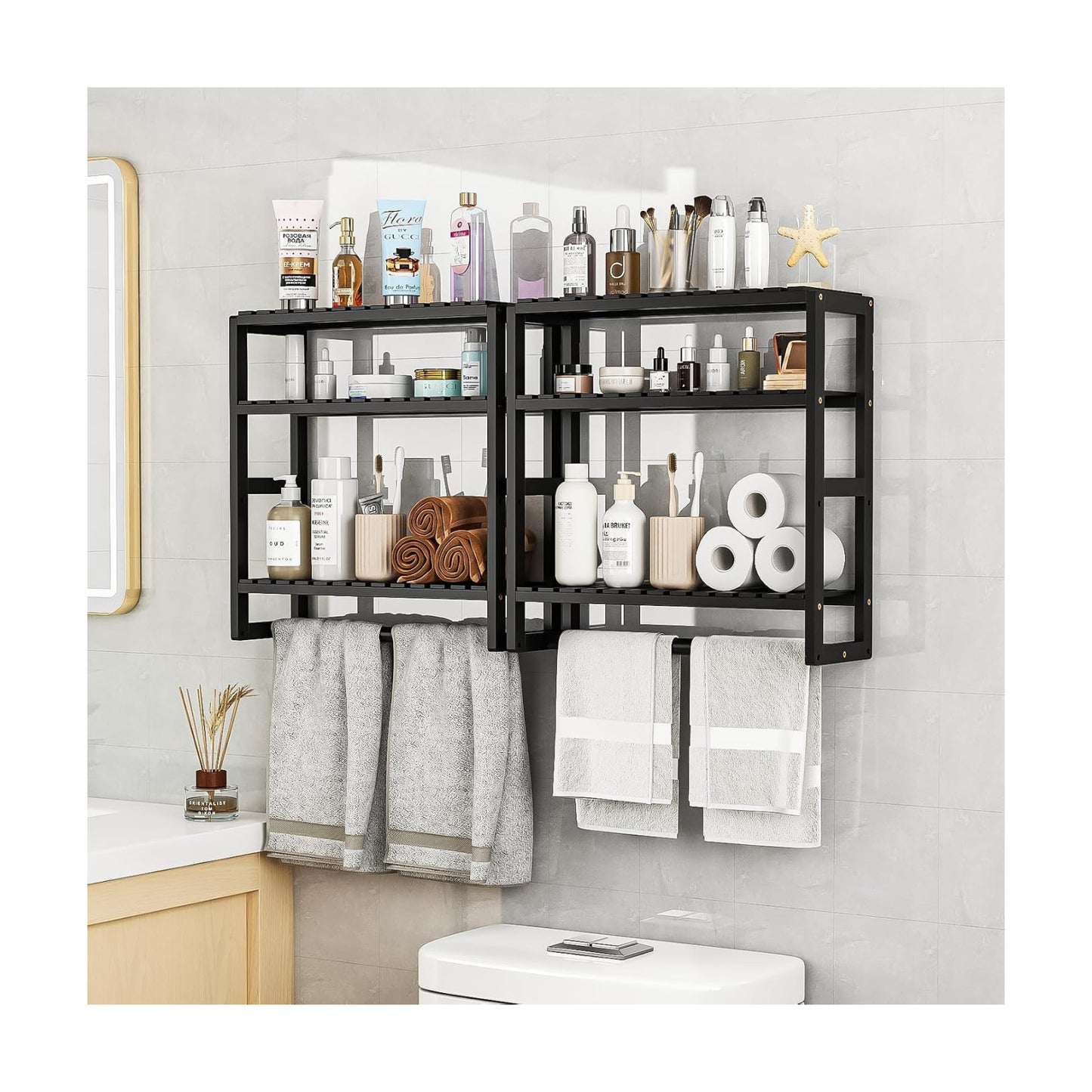 Galood Over The Toilet Storage Bathroom Shelves Wall Mounted Black Sets | 3 Tier Space Saver Corner Shelf Organizer