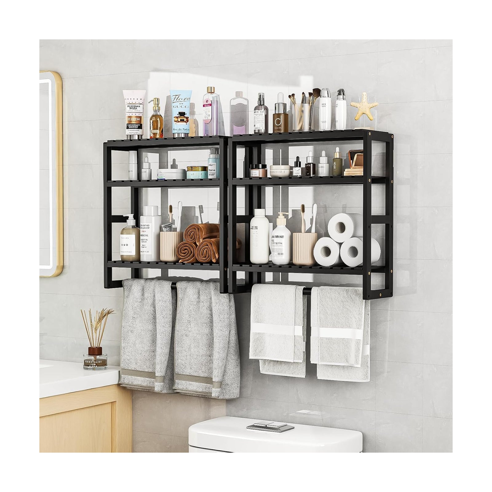 Galood Over The Toilet Storage Bathroom Shelves Wall Mounted Black Sets | 3 Tier Space Saver Corner Shelf Organizer