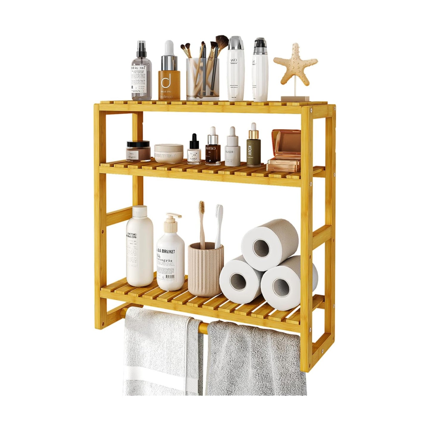 Galood Over The Toilet Storage Bathroom Shelves Wall Mounted 3 Tier Yellow | Space Saver Corner Shelf Organizer Bamboo