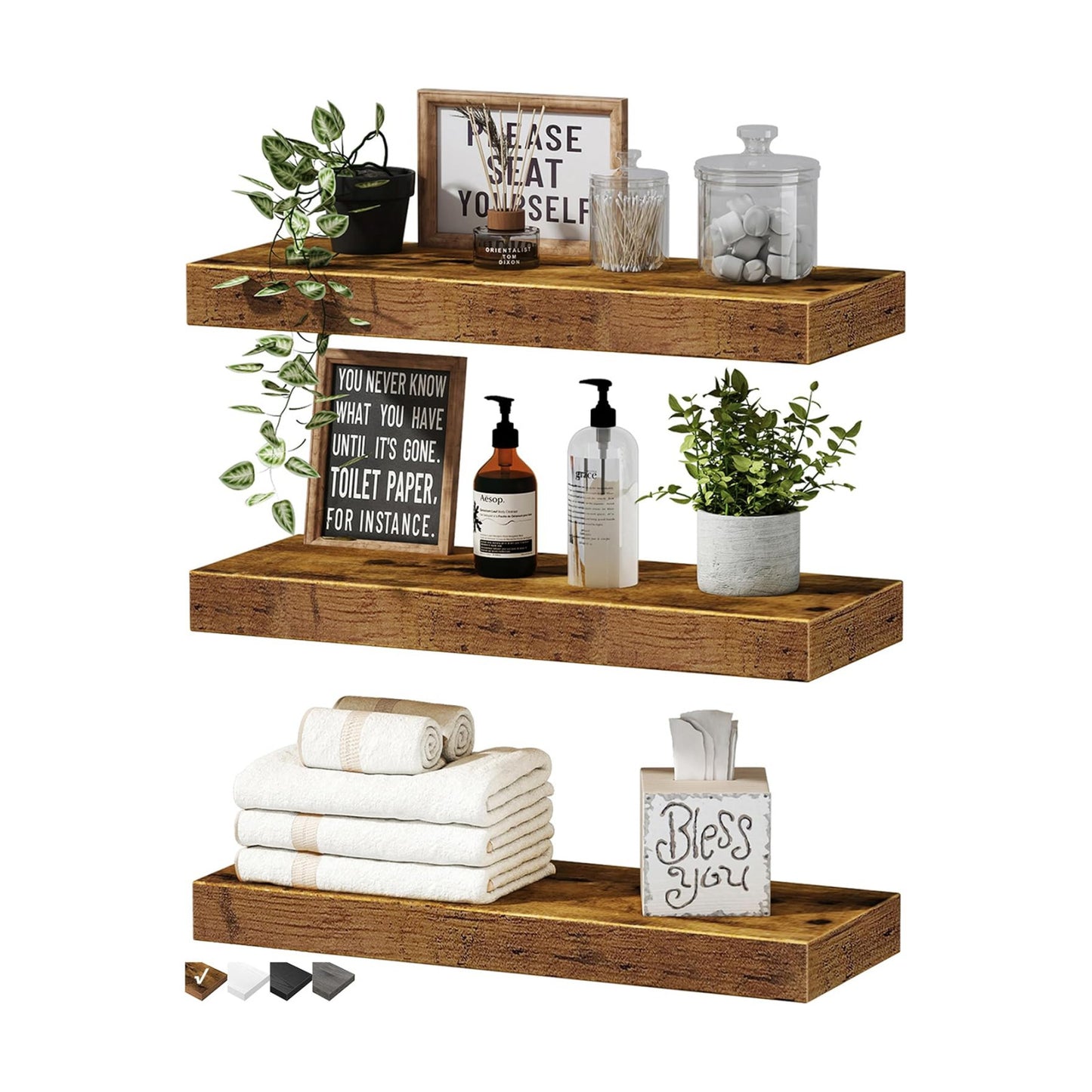QEEIG Floating Shelves for Wall Small Shelf (Brown, Set of 3, 15.7" x 6.7")
