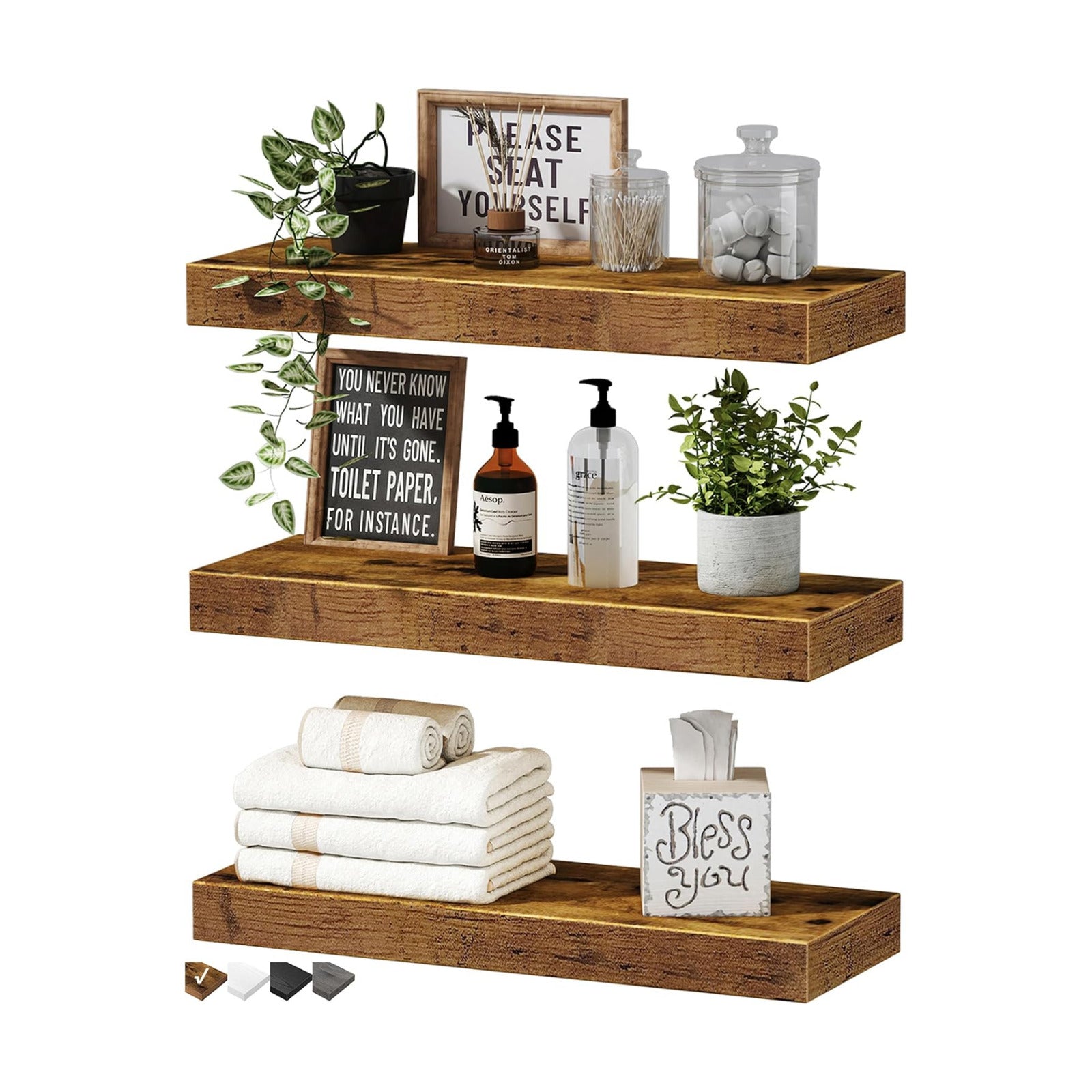 QEEIG Floating Shelves for Wall Small Shelf (Brown, Set of 3, 15.7" x 6.7")