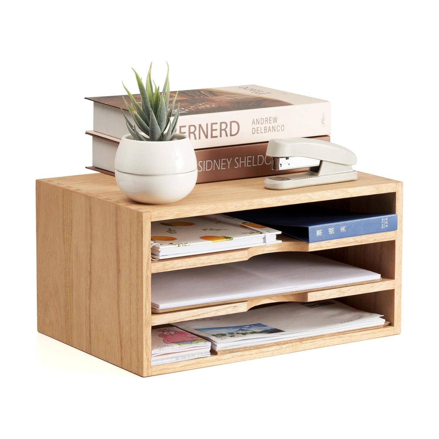 KIRIGEN Wooden Desk Organizer 3-Tier Letter Tray and Paper Sorter, Natural | Solid Wood Paper Tray Document Holder