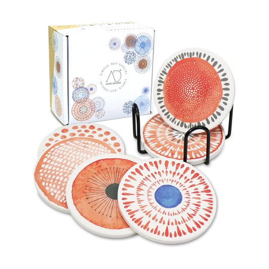 Coasters for Drinks Absorbing Round Ceramic Stone Coaster / Coral Watercolor with Holder / Set of 6