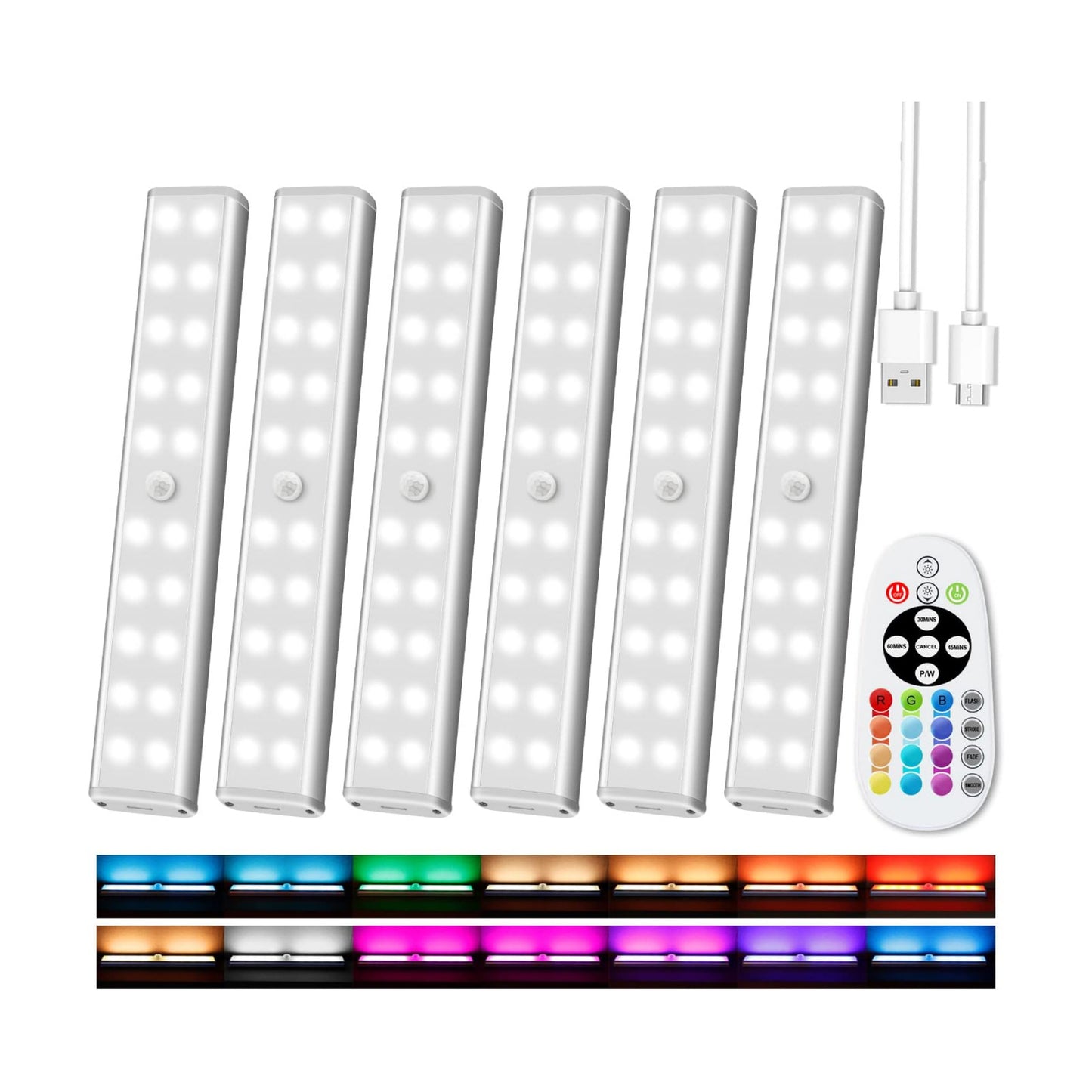 Under Cabinet Lighting Wireless with Remote, 6 Pack | 48 LED Rechargeable, Dimmable LED Closet Light,15 Color