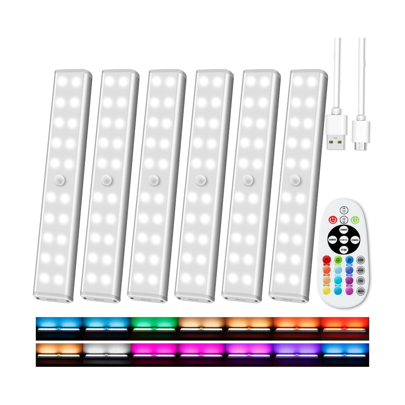 Under Cabinet Lighting Wireless with Remote, 6 Pack | 48 LED Rechargeable, Dimmable LED Closet Light,15 Color