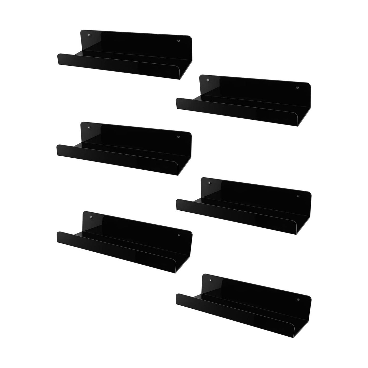 Sooyee 6 Pack Black Floating Shelves, 15 Inch Acrylic Shelves, Wall Mounted Bookshelf, Invisible Picture Ledge Display