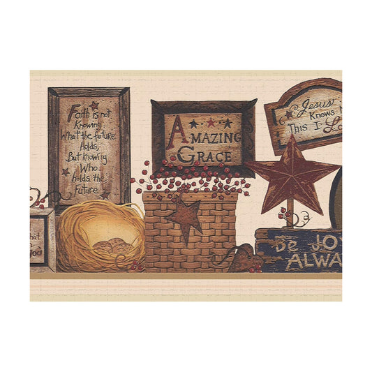 Wallpaper Border Peel and Stick DDAZBD9172 Country Maroon Signs Wall Border Retro / Brown / 15 ft