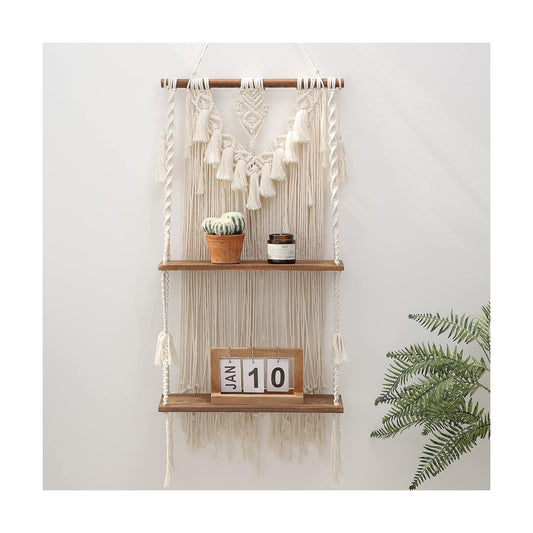 Handmade Bohemian Wooden Woven Plant Floating Shelves Decor / Large
