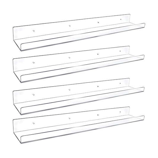 Febwind 4 Pack 24-Inch Long Clear Acrylic Floating Shelves U Shape Wall Shelf for Book Display Makeup Product Spice
