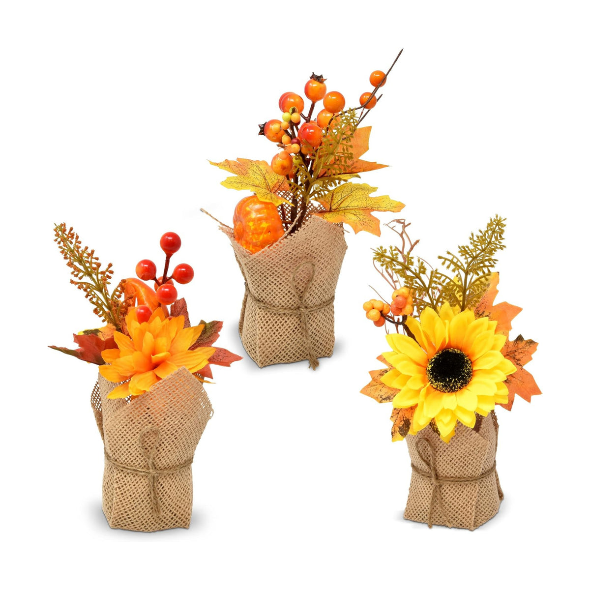 Fall Burlap Floral Arrangements – Set of 3 Artificial Sunflower, Pumpkin