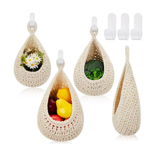 Boho Decor Hanging Wall Baskets / White / Cotton Rope / Teardrop / Set of 3