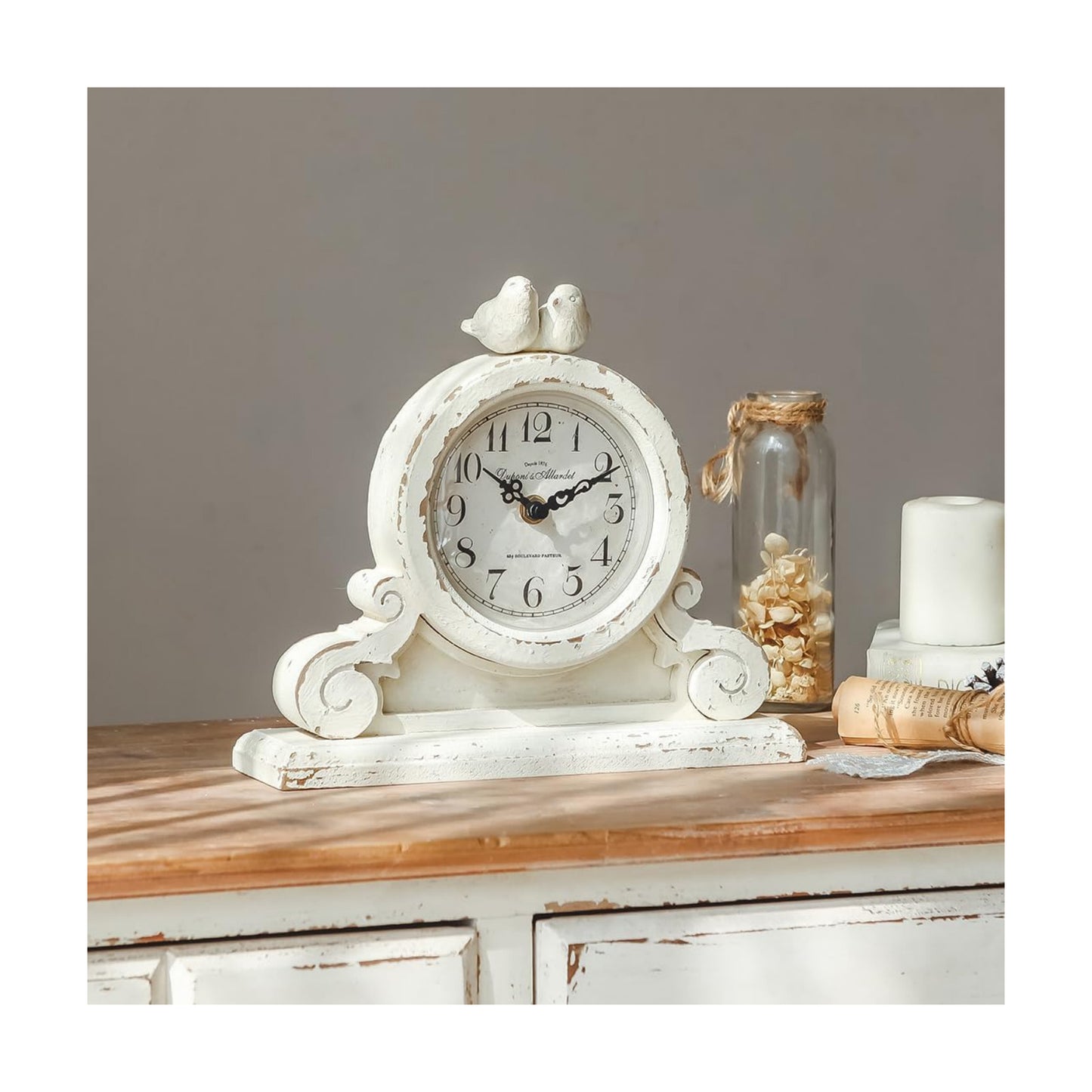 NIKKY HOME Vintage Bird Mantel Clock, Shabby Chic Wooden Table Clock | Rustic Distressed White Desk Clock with 2 Bird